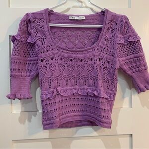 zara pointelle crochet/knit-style top